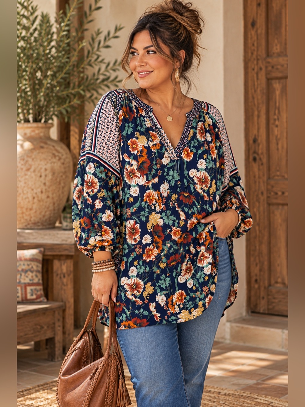 JODIFL 2X Navy Floral V Neck Boho Tunic Top Long Sleeve Plus Size Blouse
